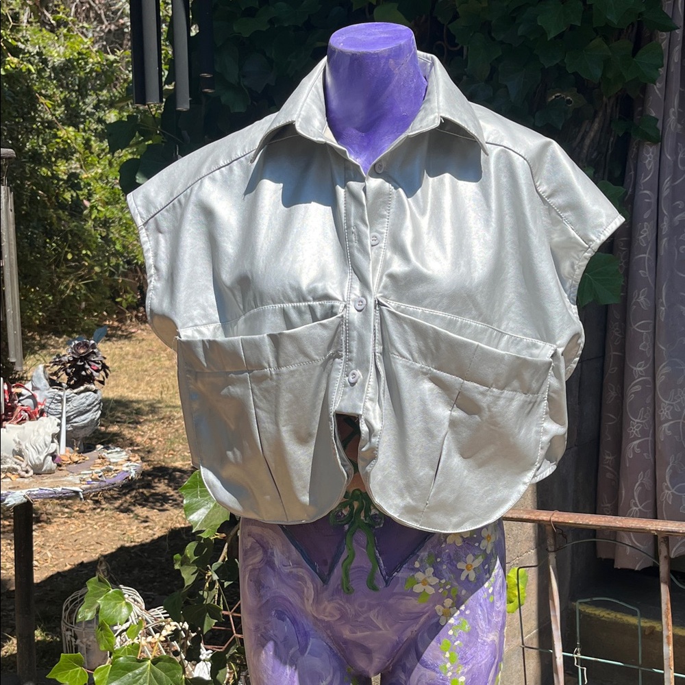 Silver Short Sleeve Boxy Crop Top with Notched Collar